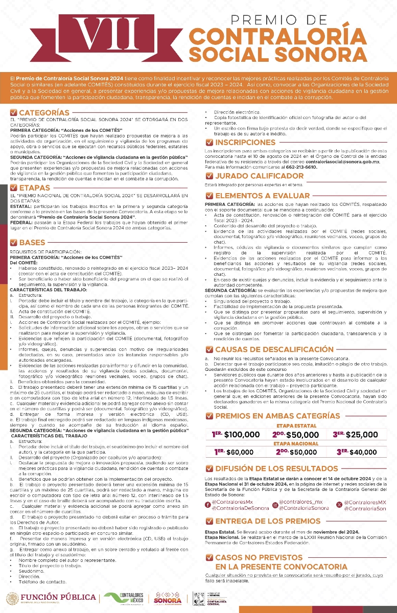 Convocan al XVII premio de Contraloría Social Sonora 2024