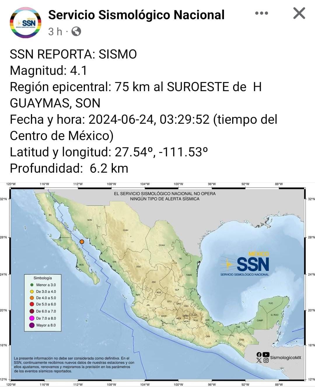 Se registra sismo de 4.1 grados en Guaymas