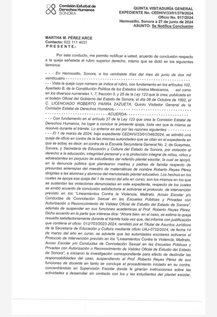 CEDH concluye caso de maestro de secundaria