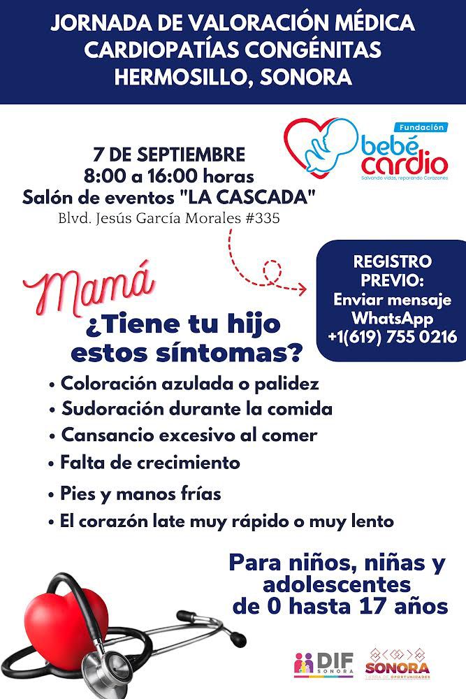 DIF Sonora en colaboración con Bebé Cardio realizarán valoraciones médicas gratuitas para cardiopatías congénitas