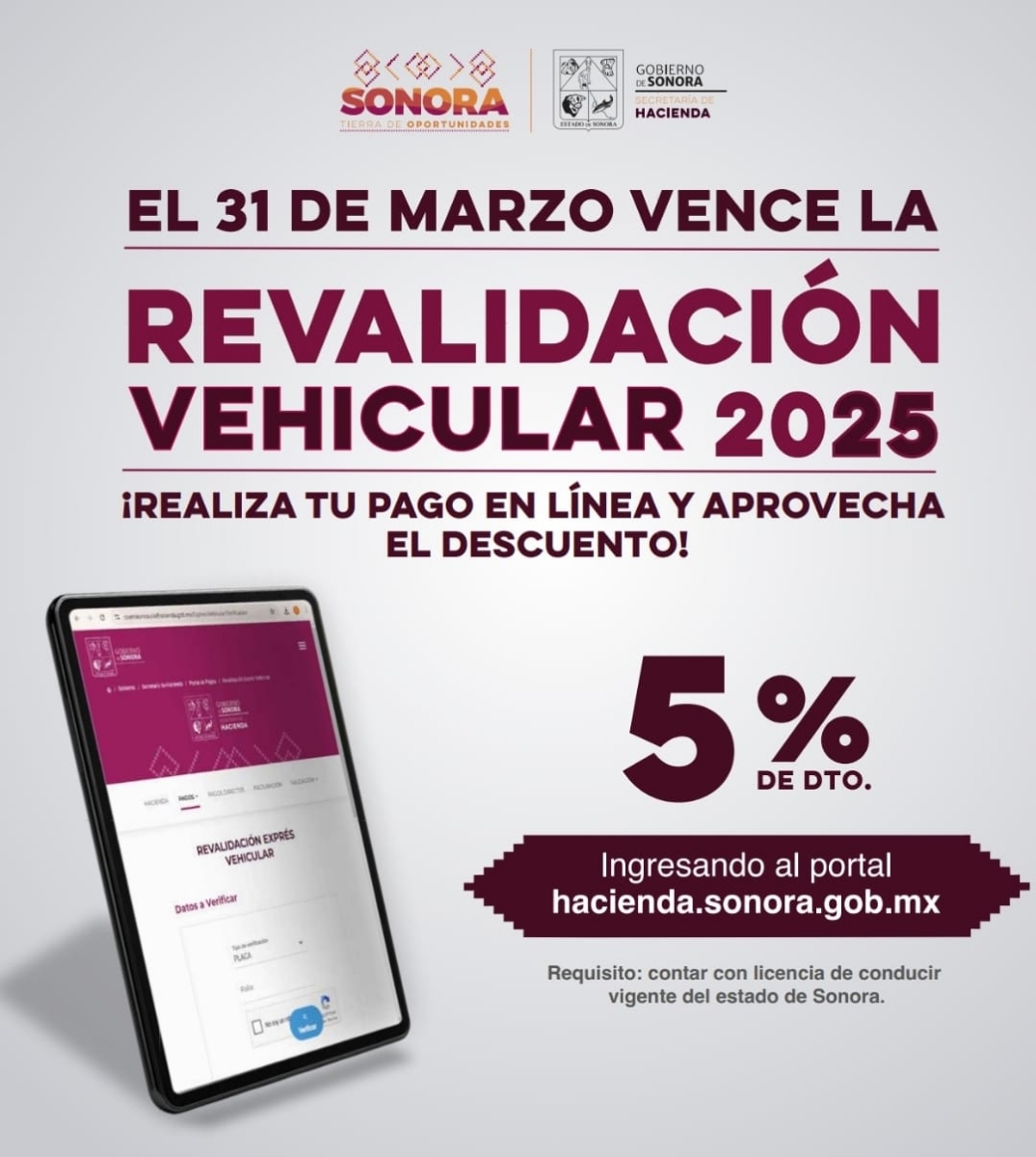 Invita Gobierno de Sonora a realizar trámite de revalidación vehicular 2025 en marzo
