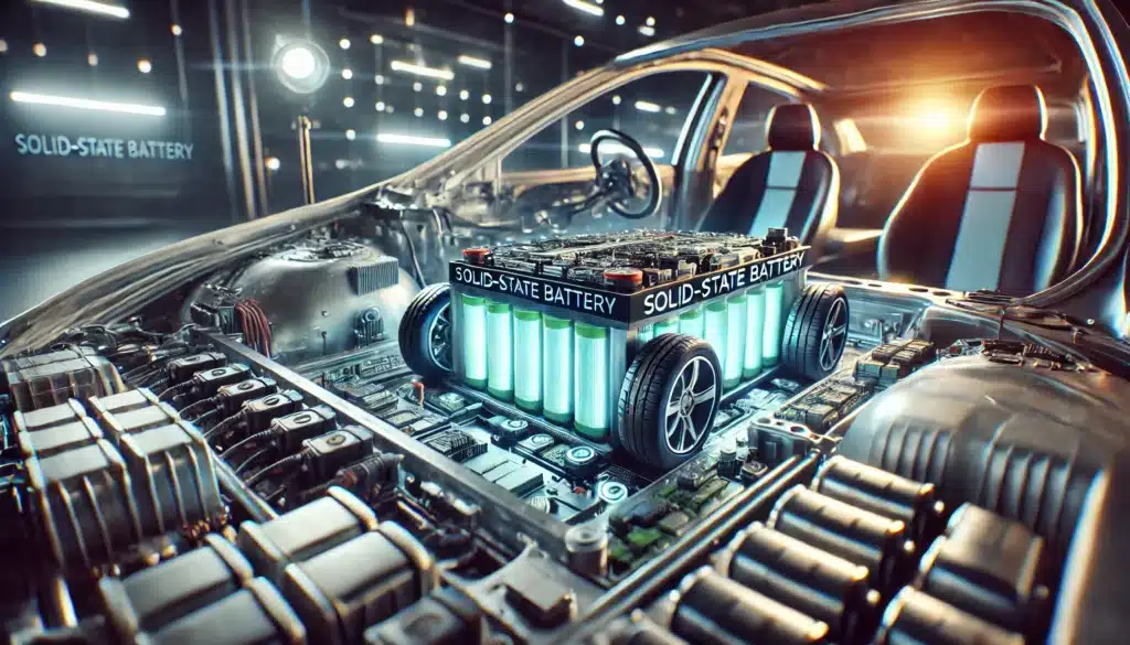 DALL·E 2024 06 19 11.11.35 Visualize a solid state battery in operation within an electric vehicle highlighting its compact and efficient structure. The scene is set inside the