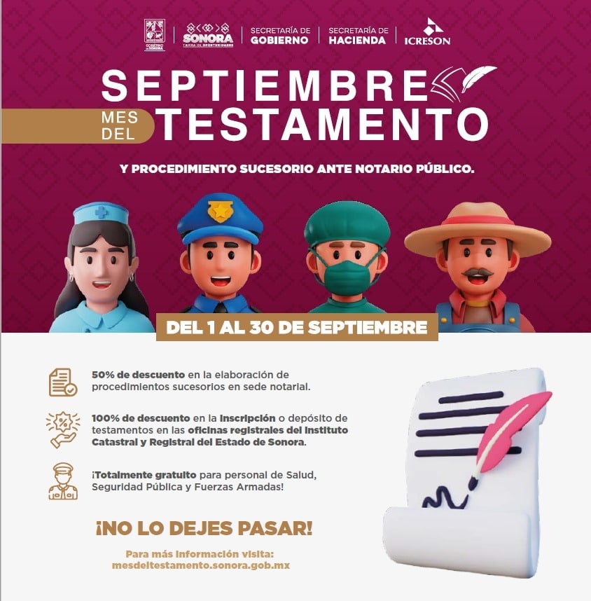 Gobierno de Sonora facilitará servicios gratuitos en septiembre durante el Mes del Testamento