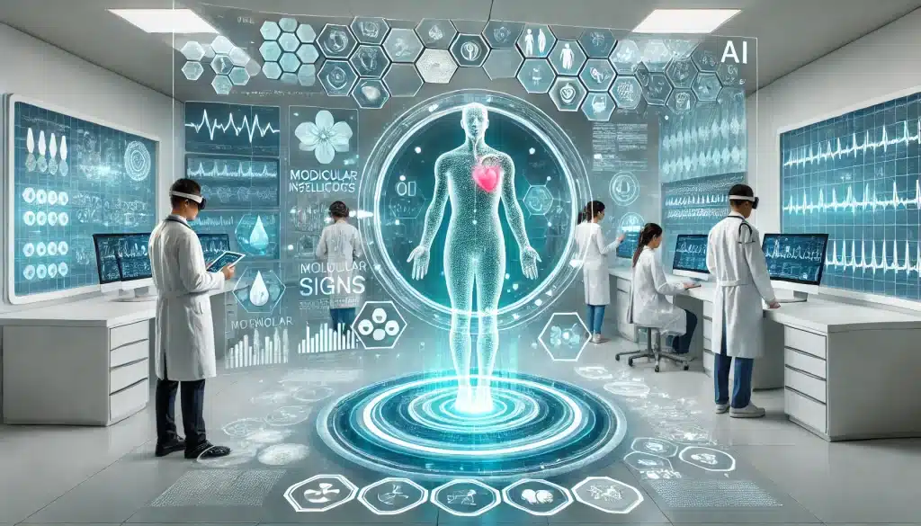 DALL·E 2024 10 21 11.19.34 A futuristic medical laboratory where artificial intelligence is actively supporting healthcare. A glowing holographic human body model with vital sig 1024x585 1