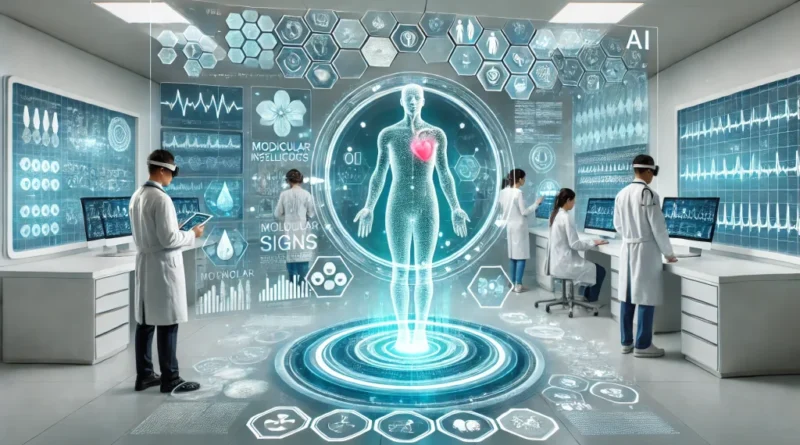 DALL·E 2024 10 21 11.19.34 A futuristic medical laboratory where artificial intelligence is actively supporting healthcare. A glowing holographic human body model with vital sig 1024x585 1