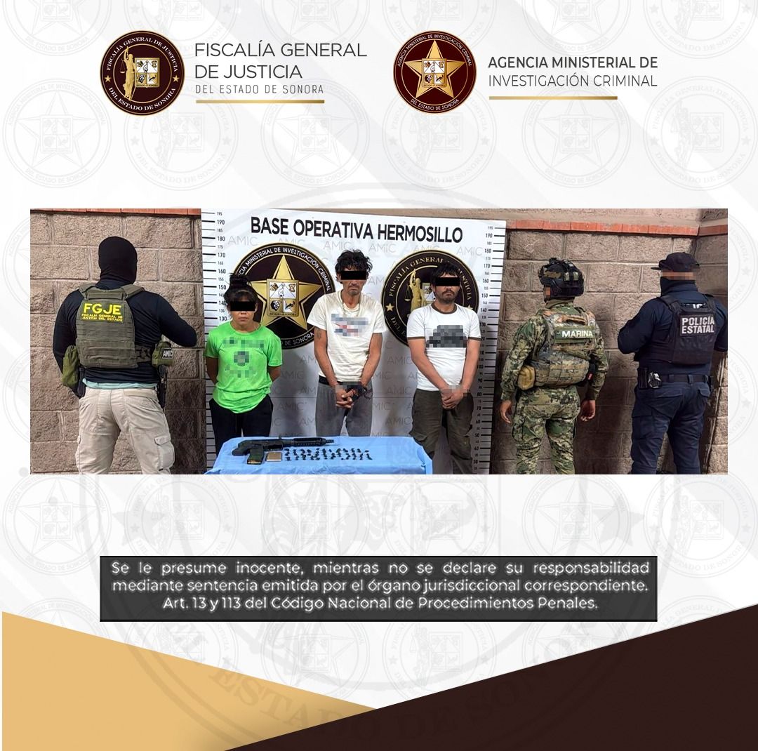 Operativo conjunto de AMIC, SEMAR y PESP deja tres detenidos, droga y arma asegurada en Hermosillo