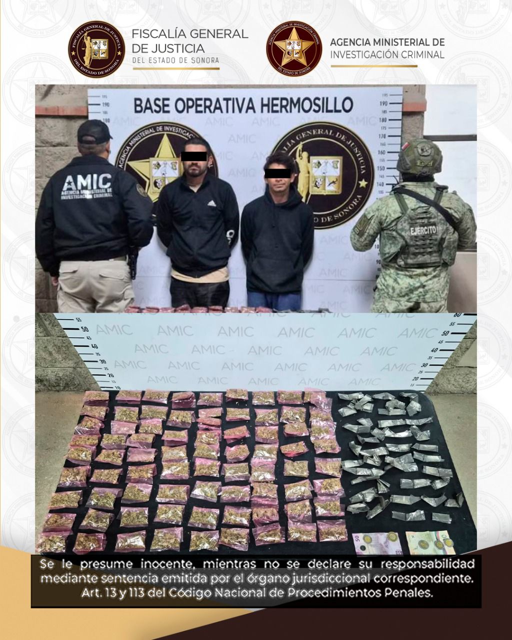 Dos detenidos con dosis de “cristal” y marihuana en operativo DEFENSA-AMIC-PESP en Hermosillo