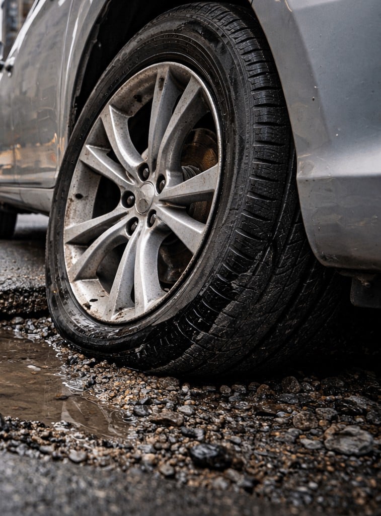 Queda embancado auto en la colonia San Vicente 1 Baches en Nueva York pueden provocar danos en los autos 1