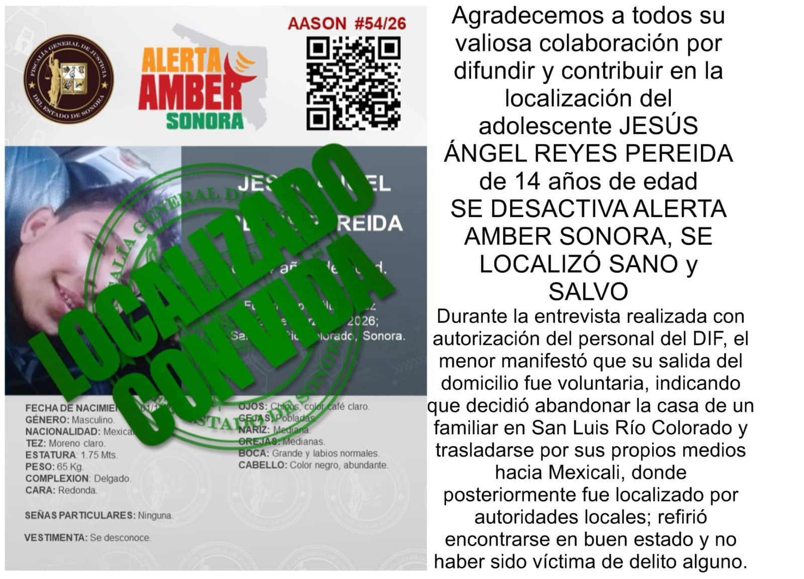 Localizan sano y a salvo en Mexicali a adolescente con Alerta Amber en Sonora