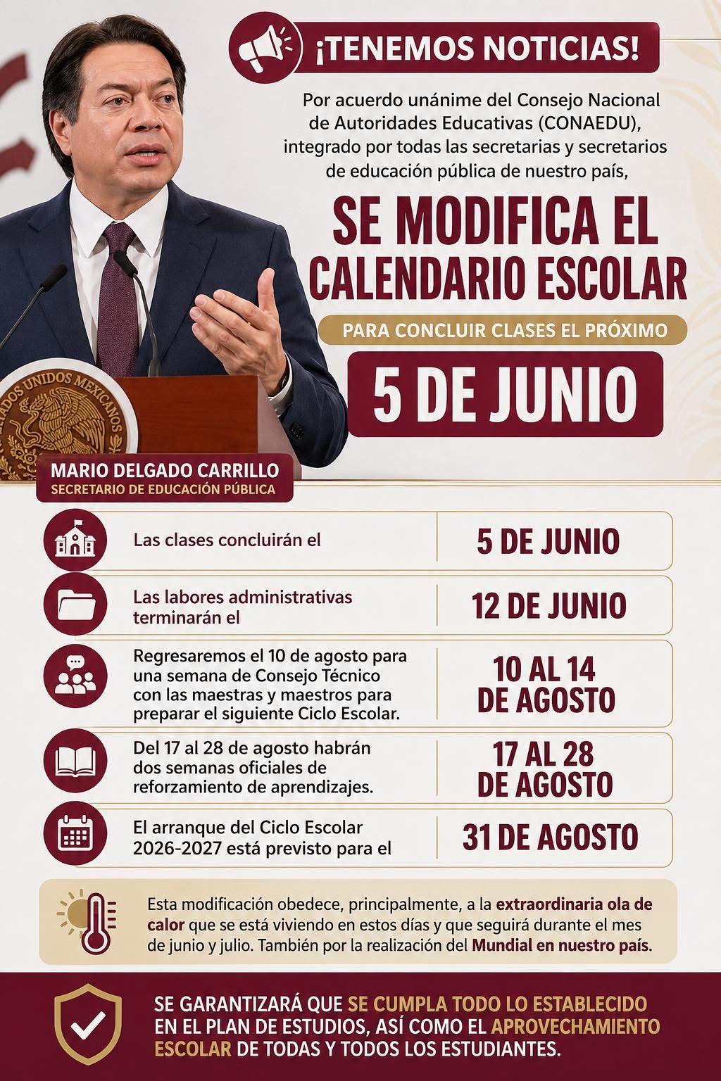SEP y autoridades estatales acuerdan por unanimidad cambios al calendario escolar 2025-2026 por calor y Mundial de Futbol
