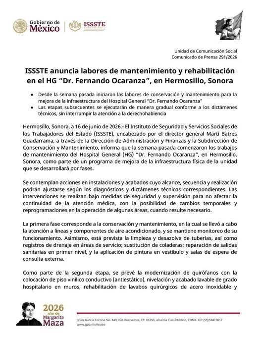 Invertirá ISSSTE en modernización del Hospital “Dr. Fernando Ocaranza” de Hermosillo 1 image