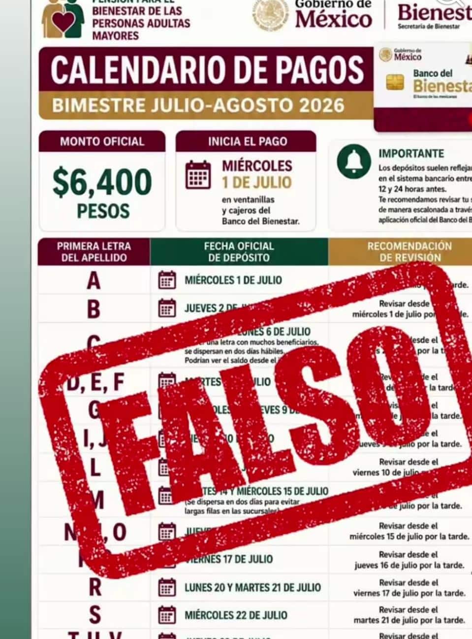 Circula calendario de pago de Bienestar falso