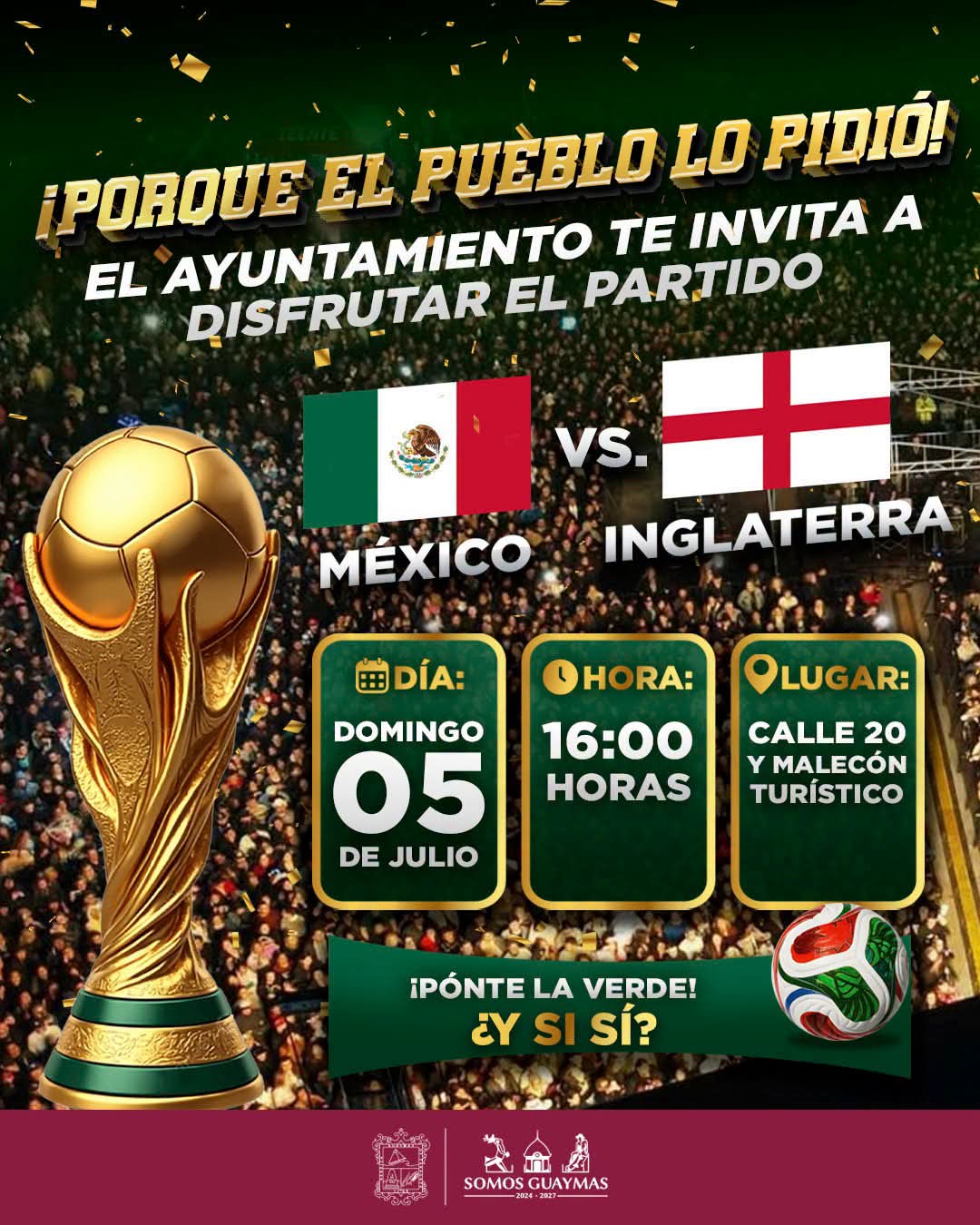 Ayuntamiento de Guaymas instalará pantalla gigante para ver el partido de México