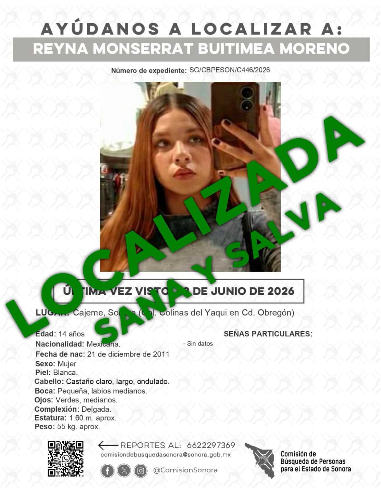 Localizada sana y a salvo menor reportada en Ciudad Obregón