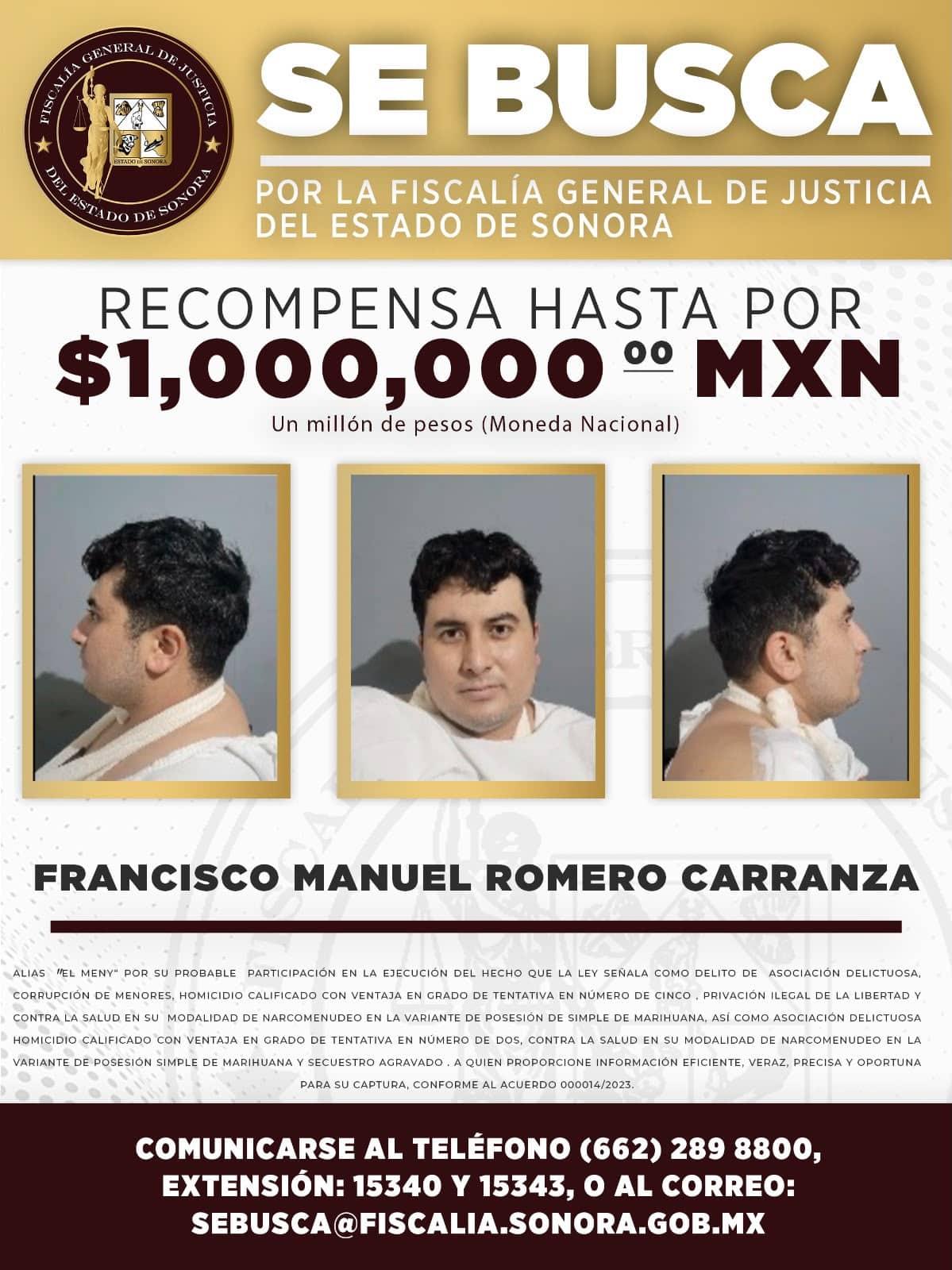 FGJES ofrece hasta 1 millón de pesos de recompensa por información para capturar a tres evadidos del CERESO 2 de Hermosillo