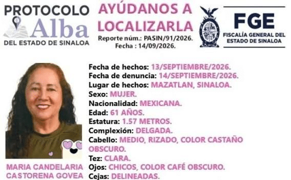 Activan Alerta Alba para localizar a María Candelaria Castorena, ex candidata del PVEM en Mazatlán 1 image