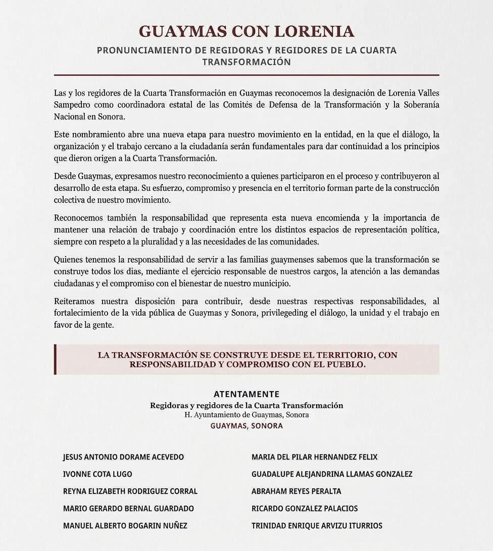 Regidores de la 4T en Guaymas respaldan a Lorenia Valles