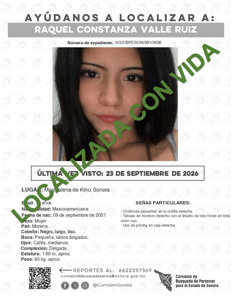 Localiza AMIC sana y salva a joven de 19 años reportada como desaparecida en Magdalena de Kino 1 image