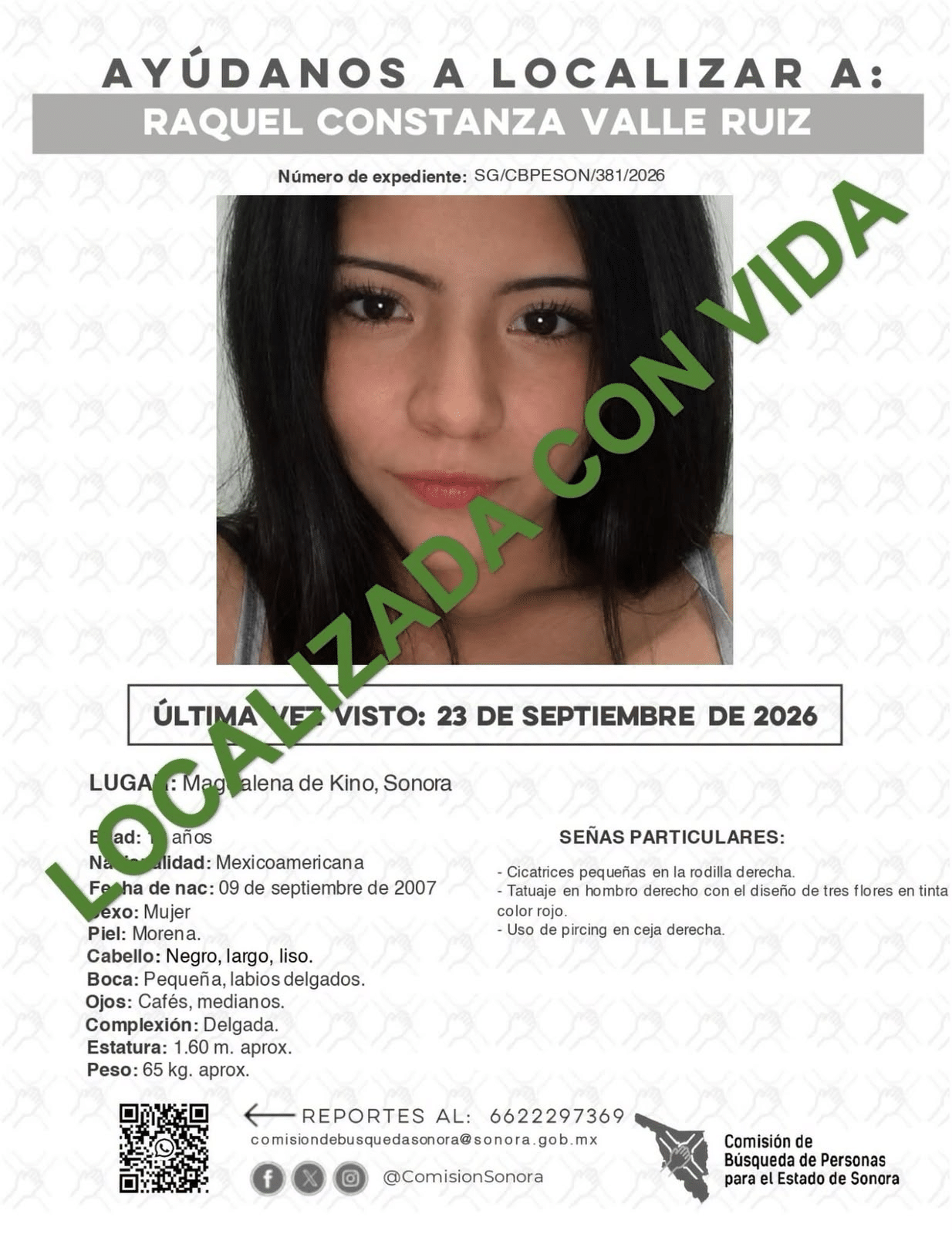Localiza AMIC sana y salva a joven de 19 años reportada como desaparecida en Magdalena de Kino